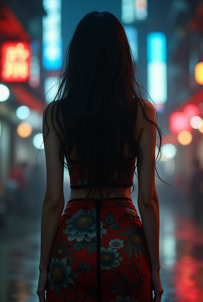 (Valencia:1 Girl), A Masterpiece, Best quality, Raw Photo, lifelike, FACE, Incredibly ridiculous, beautiful girl, MAGIC, long hair, depth of view, Highres, Hyperdetailed, finely detail, RAW Extremely detailed, extremely detailed eyes and face, Sharp pupils, Realistic Pupils, Sharp focus, cinematic Lighting, full body, cheongsam, large boob, Long leg, From Behind, Night street, dynamic poses