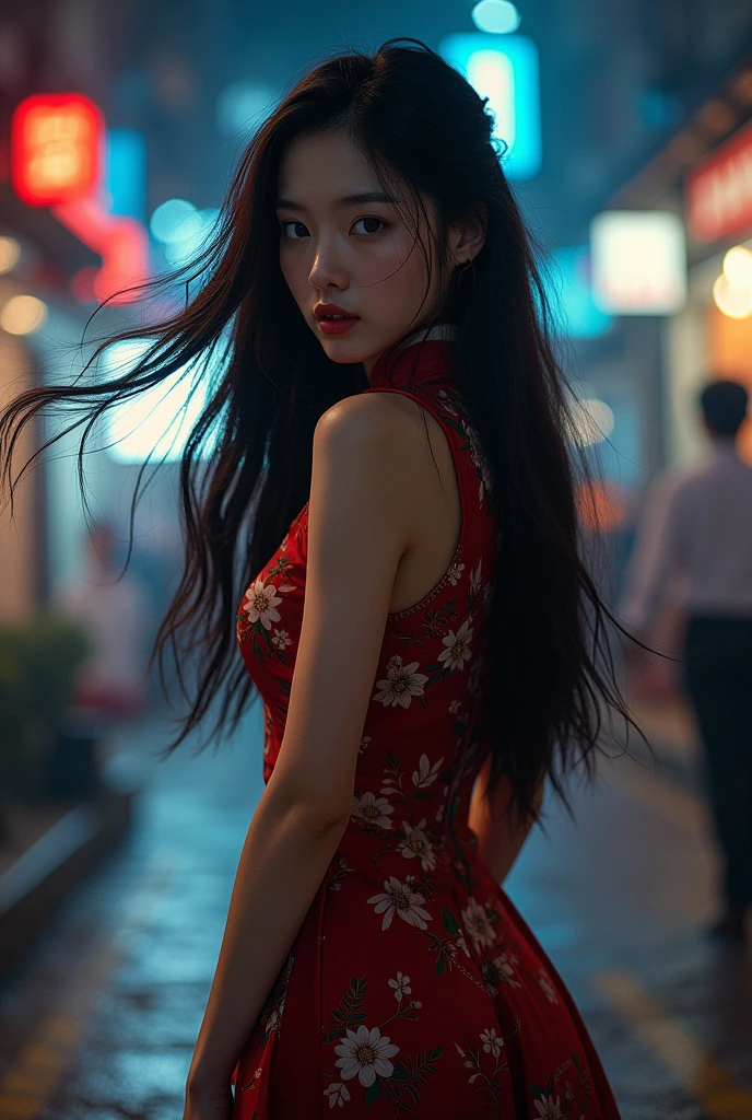 (Valencia:1 Girl), A Masterpiece, Best quality, Raw Photo, lifelike, FACE, Incredibly ridiculous, beautiful girl, MAGIC, long hair, depth of view, Highres, Hyperdetailed, finely detail, RAW Extremely detailed, extremely detailed eyes and face, Sharp pupils, Realistic Pupils, Sharp focus, cinematic Lighting, full body, cheongsam, large boob, Long leg, From Behind, Night street, dynamic poses