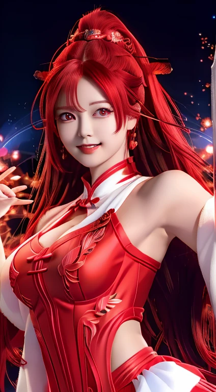 Red Nine-Tailed Dragon Girl, (Bright Red Hair), ((Big Hair)), double eyelid, Perfect figure, Nice face, Perfect Skin, black eye, spirit princess, The Age of Red、are shining on the distant planet Spica.、Red and white beams of light、A beautiful comet flies by、