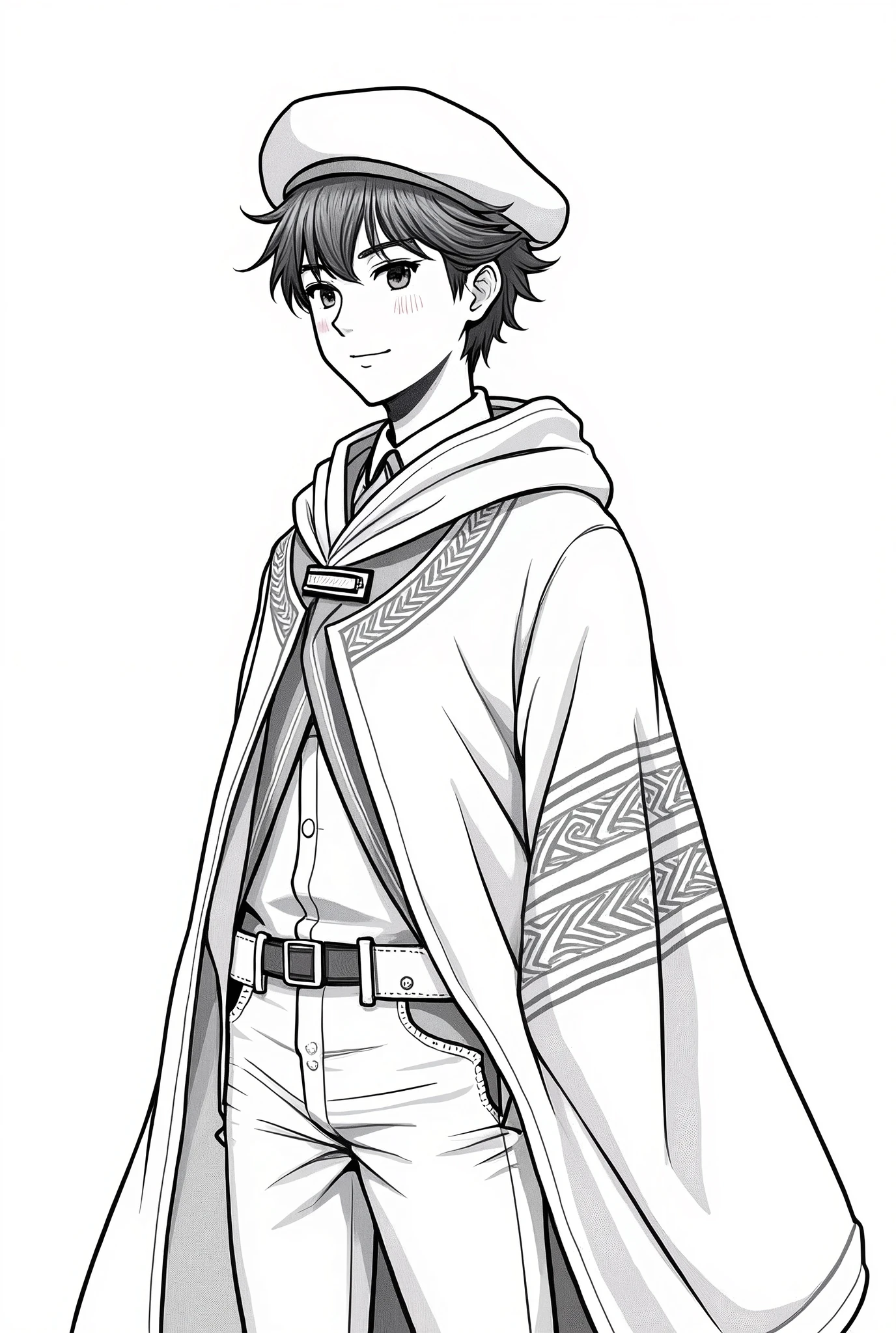 Anime-style, young gaucho, 30 years old, trigueño, wearing an Argentine Basque beret and a modernized Argentine poncho with guarda pampa patterns. Vectorized style, black and white, no fill, no shadows. Detailed line art, clean lines, high resolution, consistent character design.