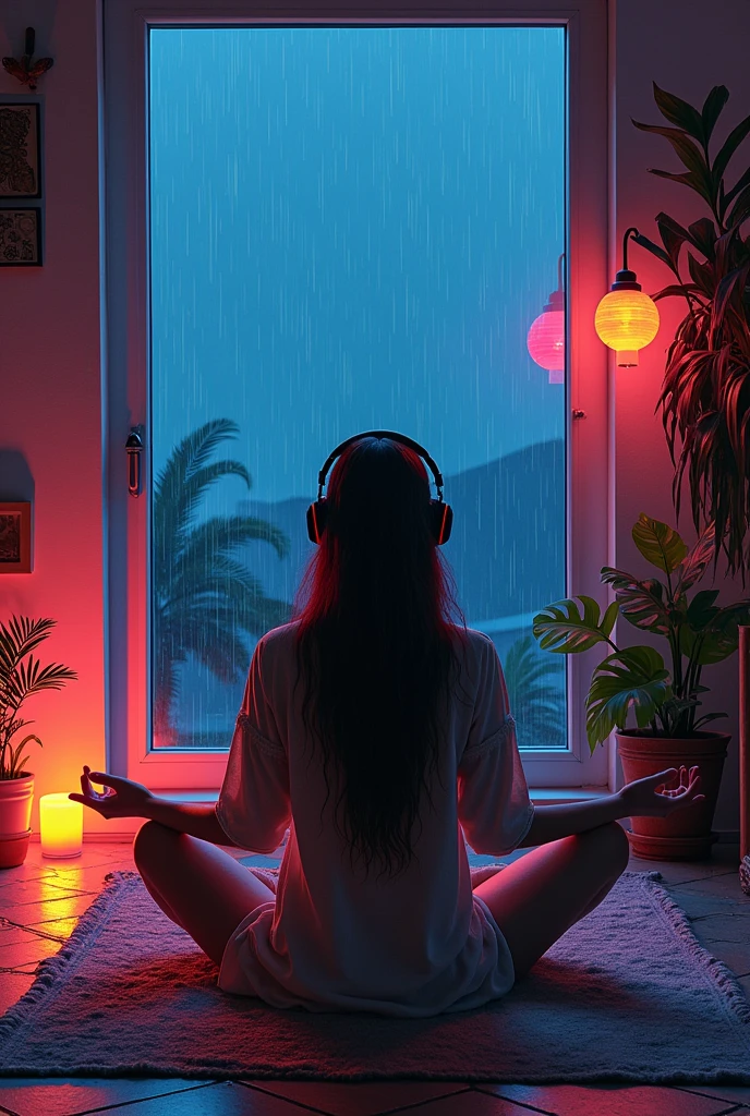 European hippie girl meditating in her room, ringing, Use headphones, night lights, Neon landscape on a rainy day., analog color theme, lo-fi hip hop , retrospective, Department, 2.5D ,Draw a line, ink drawing, Great slope, watercolor painting, Goosch Colors, studio ghibli style, Impressive color, Exterior ton, Krautrock, Lofi Style, 70s style,old texture, amplitude,psychedelic environment, masterpiece, Tremendous technology,