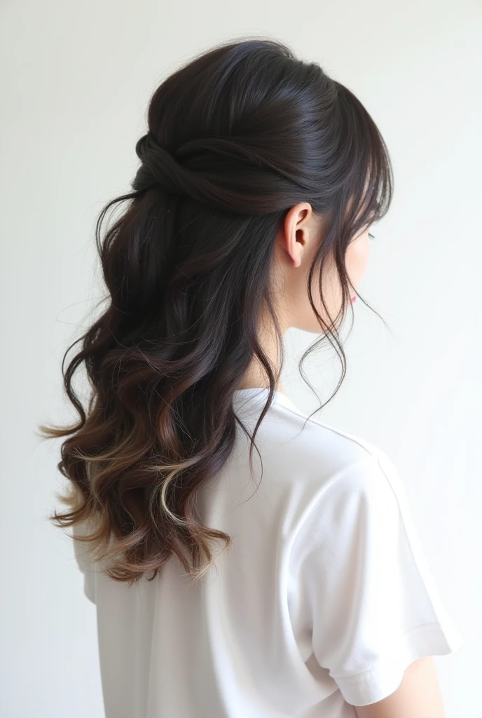 Hairstyle seen from behind、White wall background、Medium Hairstyles、Curly Hair Style、Smooth hair texture、Outward curled hair、Top fluffy hair、Light tips、Hairstyles with movement、Japanese women、White T-shirt、Hair style with tiers、Hairstyles without curls