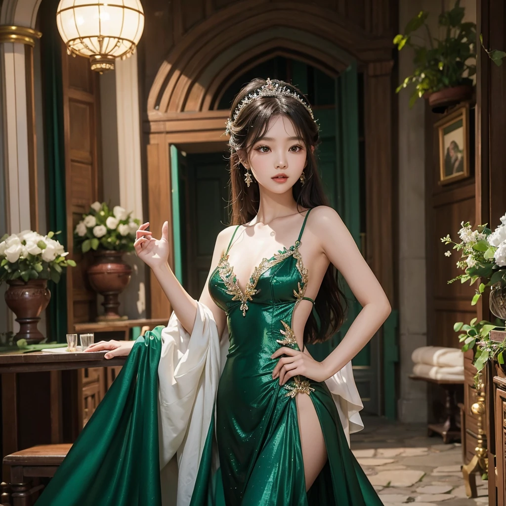 Asian cute girl, in a emerald green princess dress, by in a castle, kim jennie, 