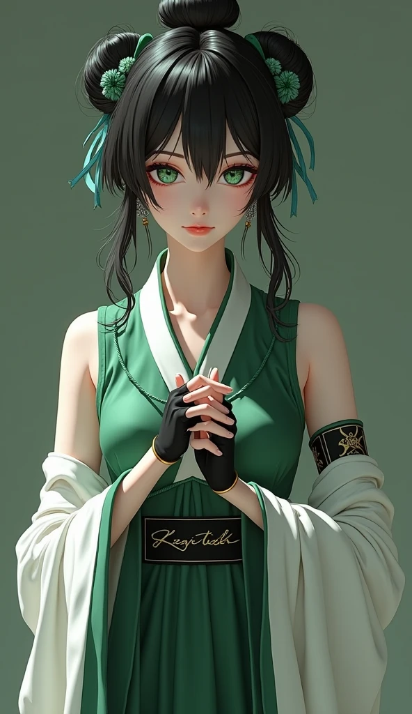black hair,finger_less gloves,china dress,china dress colored in black and white.(white bun_cover), green eyes, green hair_ribbon,