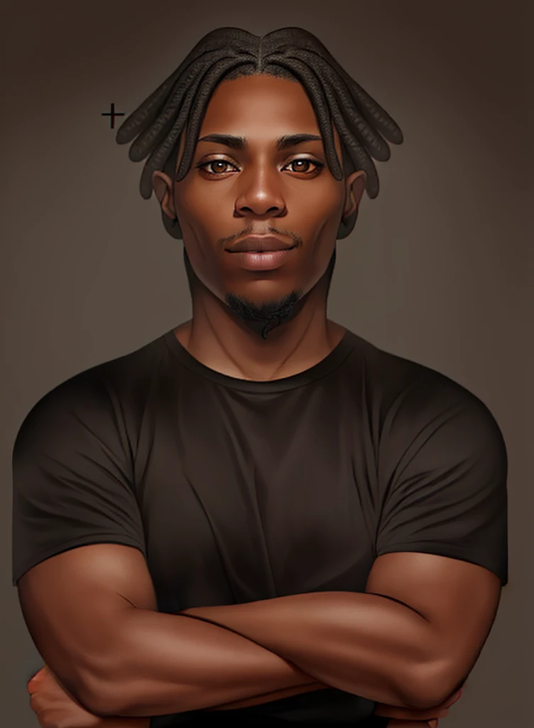 1 chico, alone, male, black fur, hazel eyes, Dark skin, hair with dreadlocks, Crossed arms, black shirt,