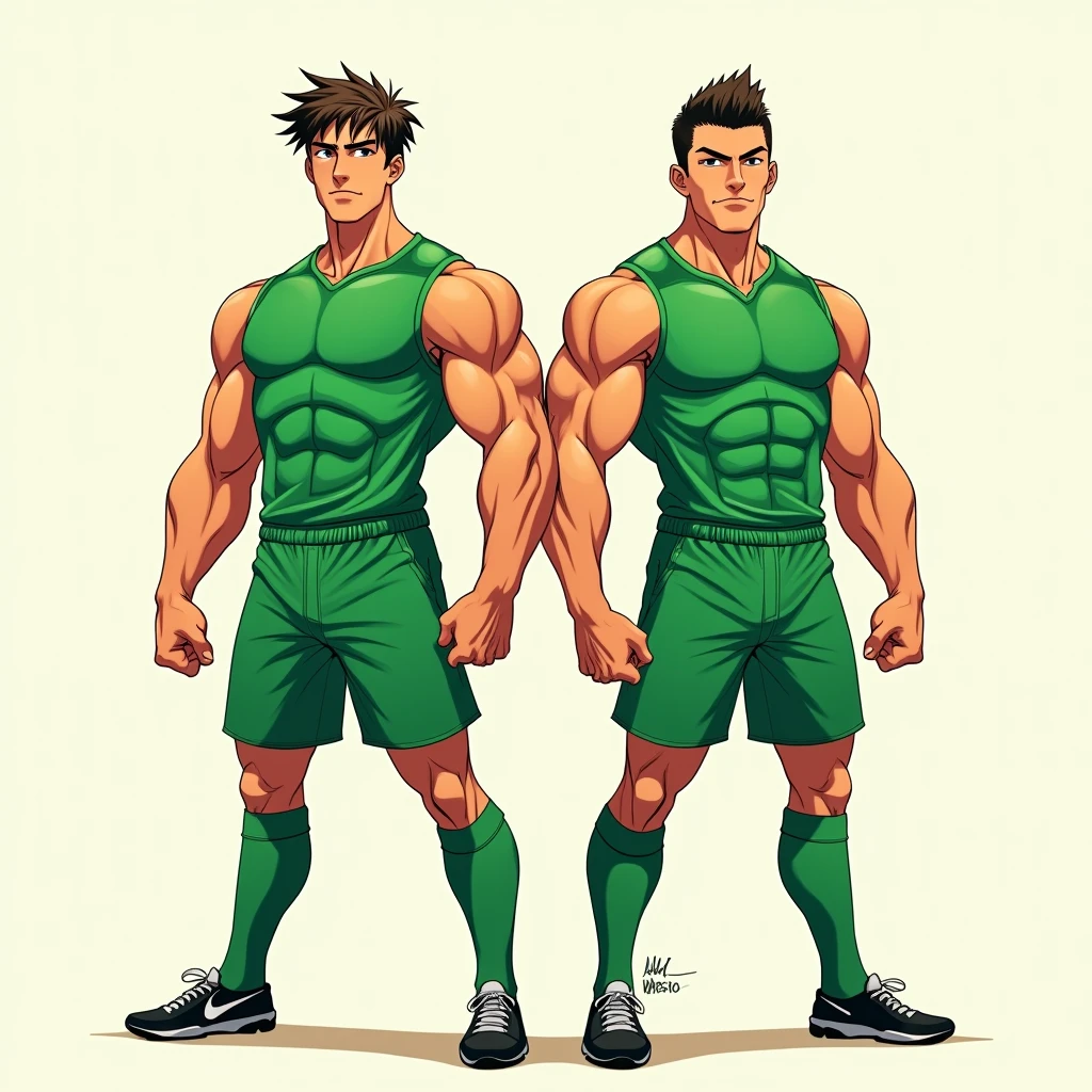 anime art: two masculine 22-year-old males with a big bulge, wearing a green soccer outfit , they're squatting down, flexing biceps, front angle view, big bulges