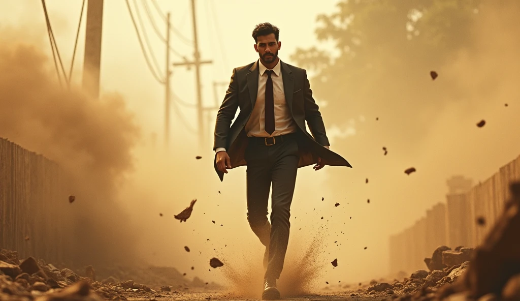 A young Indian man walking, with athletic body, dusty weather due to a storm, wearing a suit, 1987, India،anima character.