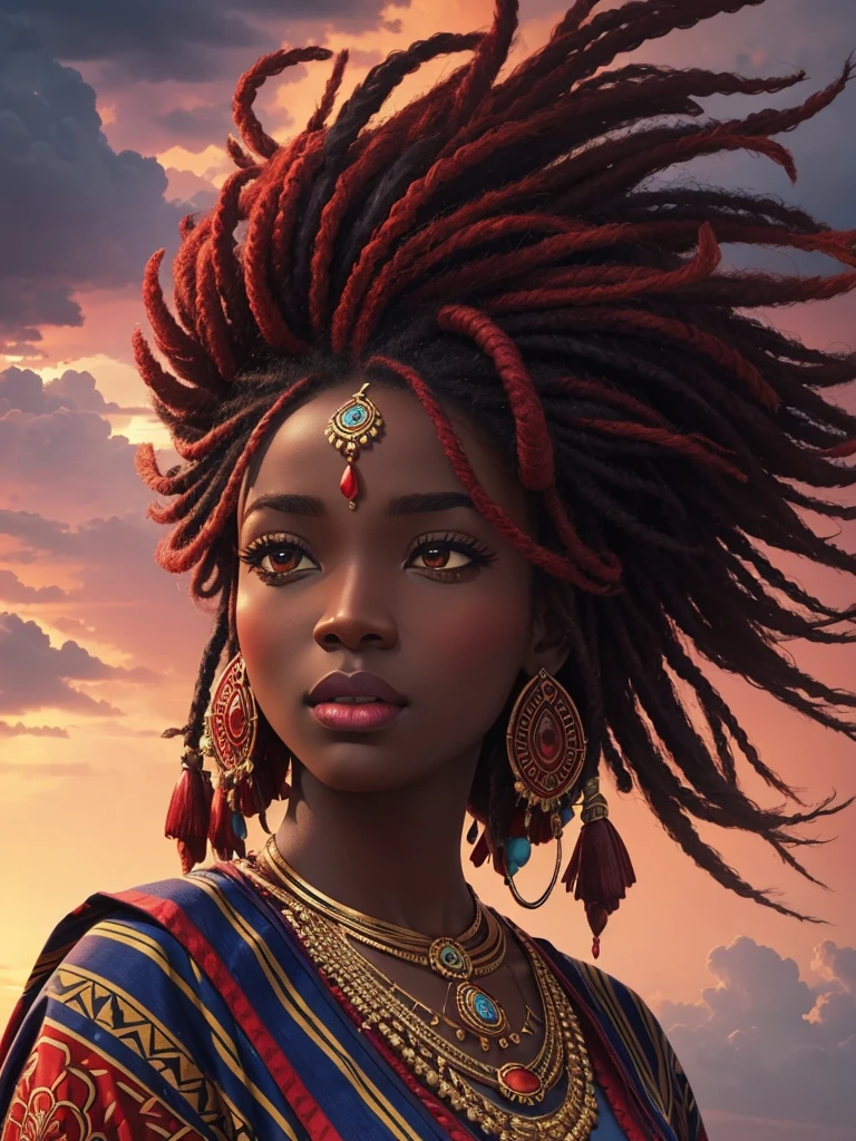 Create iPhone wallpaper of African Goddess Iansa with vibrant colors in shades of red, a buffalo on the back, and a cloudy sky with lightning falling 