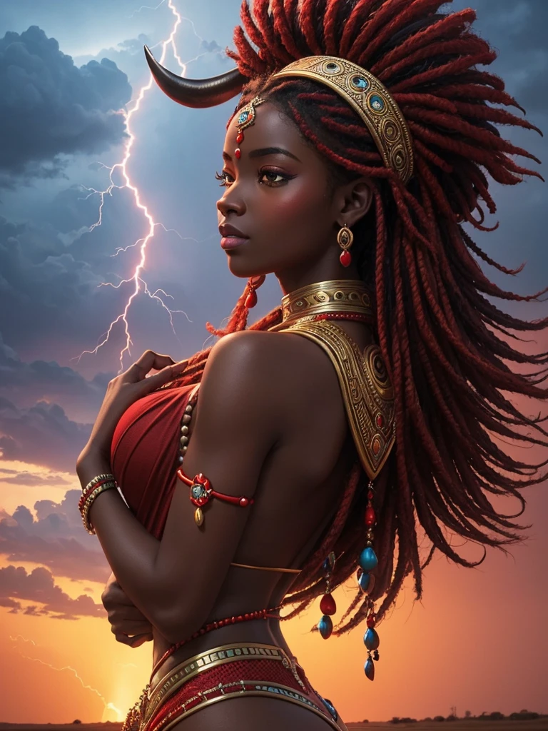 Create iPhone wallpaper of African Goddess Iansa with vibrant colors in shades of red, a buffalo on the back, and a cloudy sky with lightning falling 