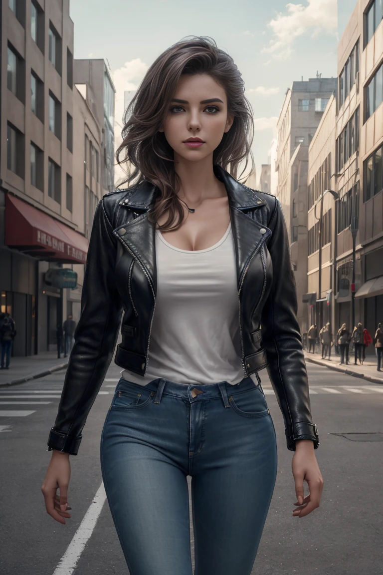 design, interrior, interriordesign Masterpiece, best quality, (highly detailed raw photo:1.2), 8k render in octane, volumetric lighting, volumetric shadows portrait of a woman, (pasionate look), jeans, leather jacket, pullover, walking in city