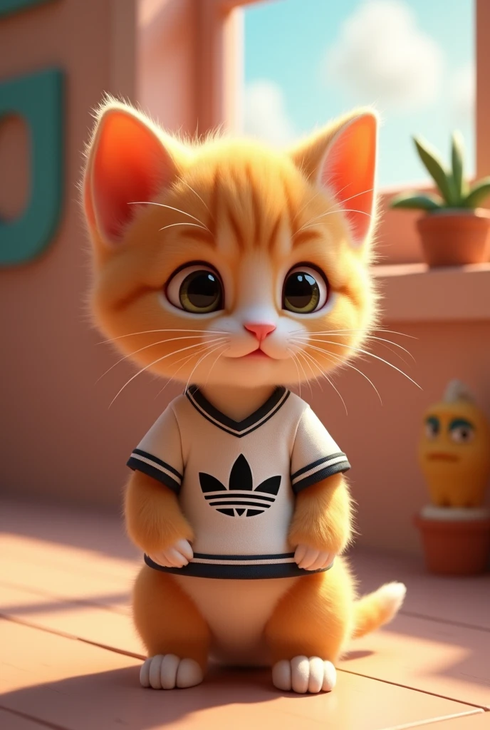 Kitten dressed in adidas shirt , disney pixar style