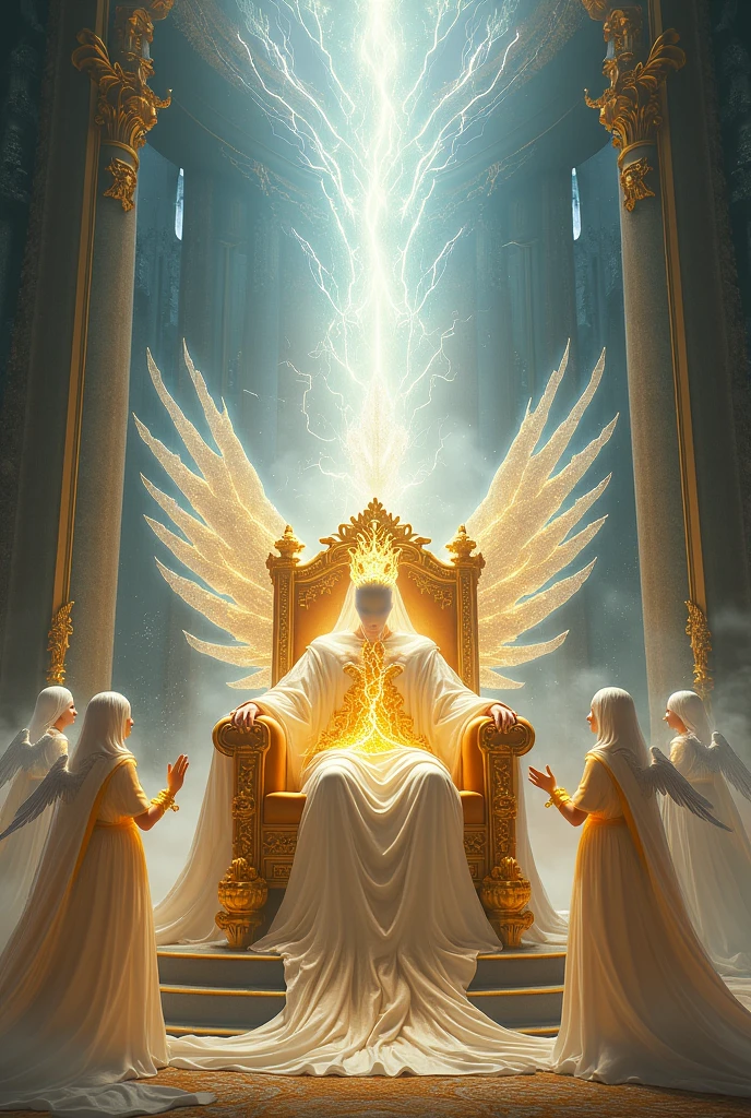 Large golden giant throne with lots of light and thunder and white lightning and sitting a being with a transparent crown with lightning inside his body, with lots of bright light and great power, angels with lots of light around them serving, golden dream like crystal