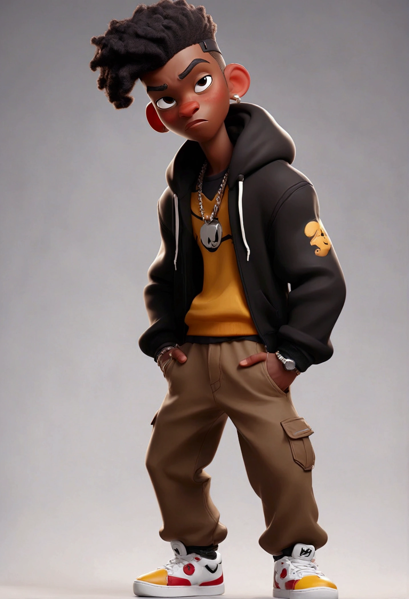 BLACK character cartoon man, FULL BODY, standing, HipHop fits