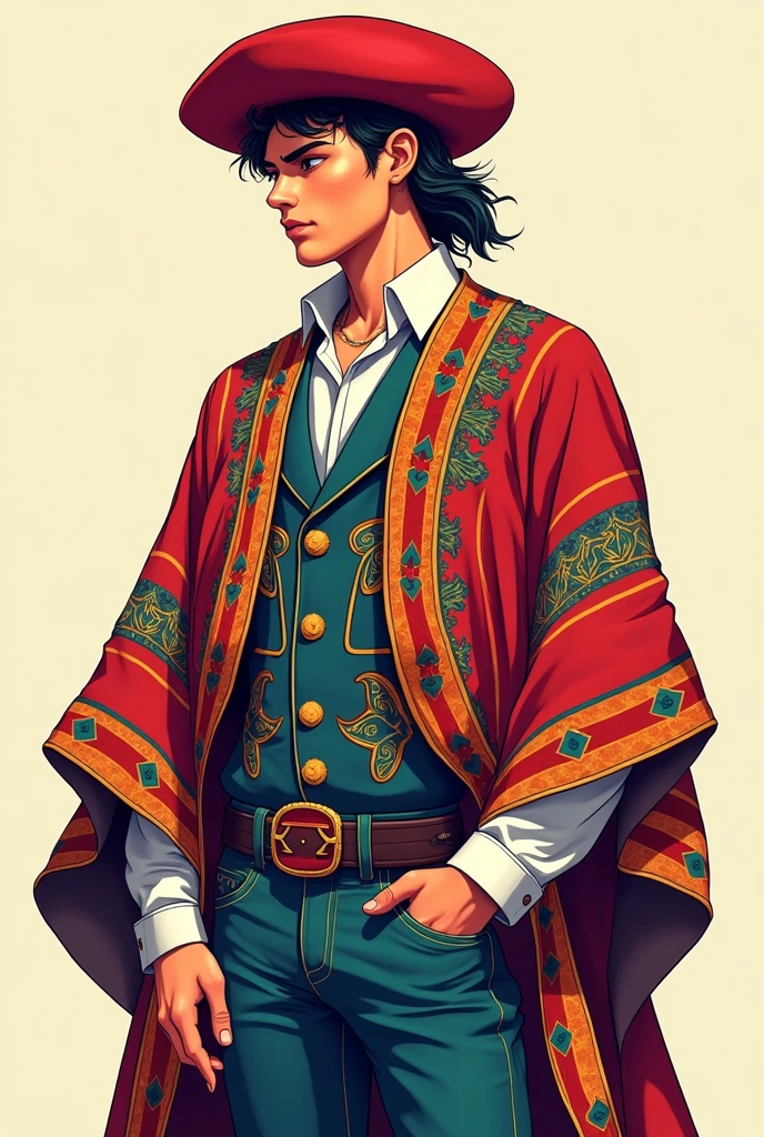 Anime-style, young gaucho, 30 years old, trigueño, wearing an Argentine Basque beret and a modernized Argentine poncho with guarda pampa patterns. Vectorized style, colorized, no fill, no shadows. Detailed line art, clean lines, high resolution, consistent character design.