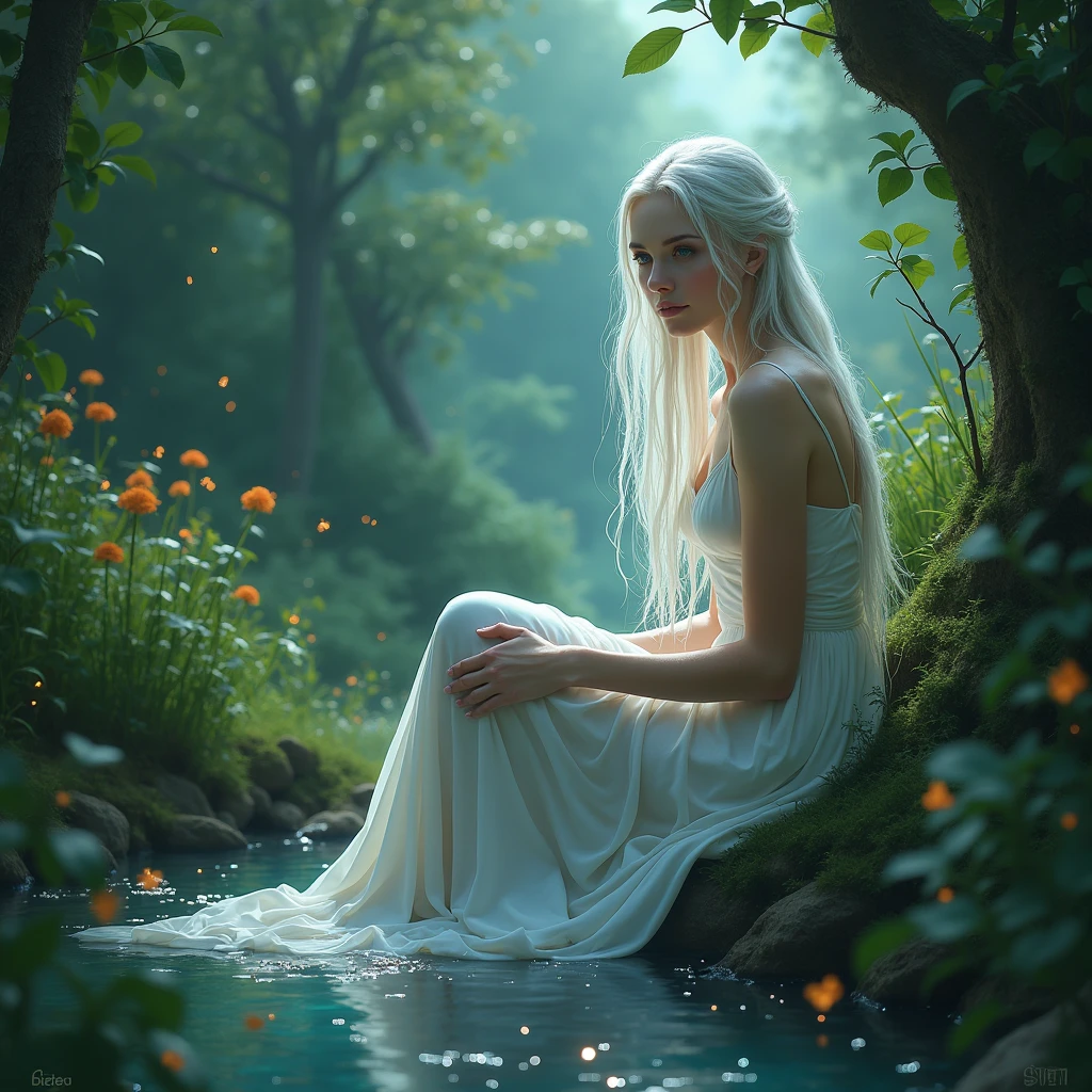 A woman with long white hair, I want her sitting there wearing a wet white cotton dress,she will be sitting on the grass of an enchanted garden,there will be a river with fireflies,I want an aura coming from her,I want the image to look like a secret garden and I want the atmosphere to be closed off.