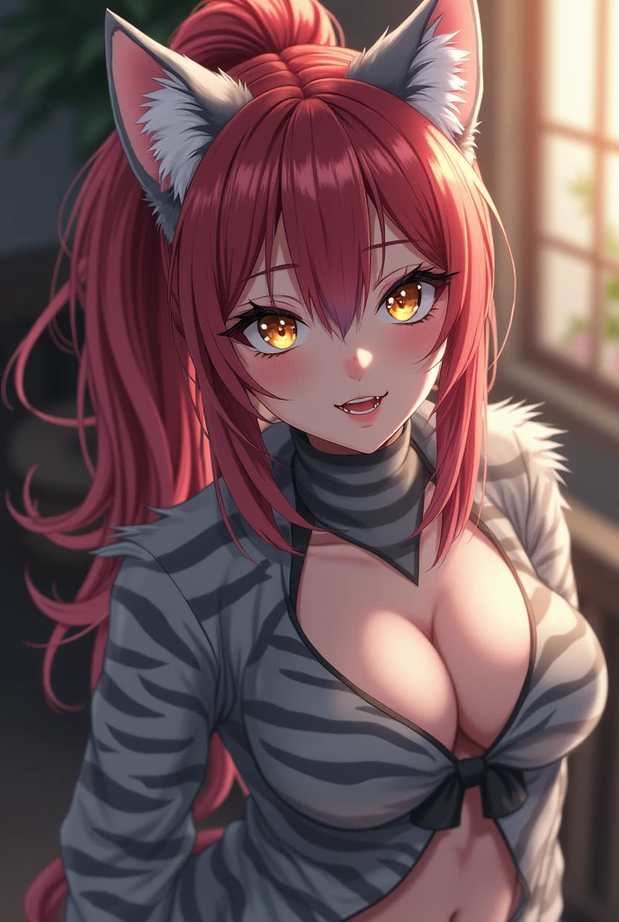 Solo, score_9,score_8_up,score_7_up, source_furry, (Anthro furry feline girl,  female, grey tabby cat, gold eyes, red hair, hair in a pony tail, bangs, eyes half closed, silver fur, grey stripail), standing, feline teeth, close up, seductive, seductive expression, mouth open, leaning forward, nude, (realistic anime, photorealistic, hyper realism, photograph, hyper detailed fur):1.3