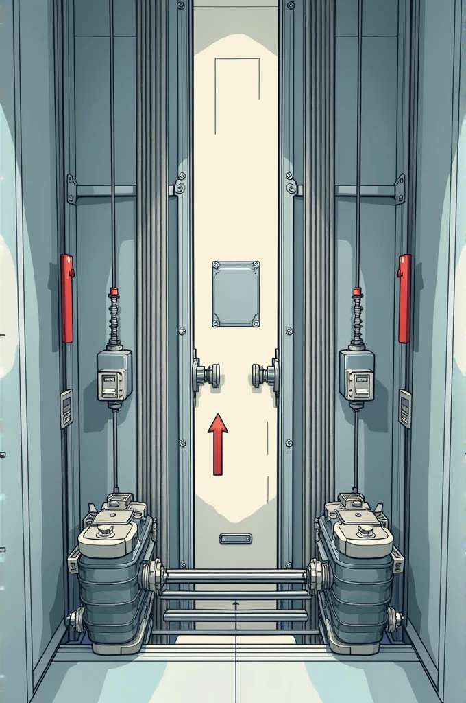 An illustration of elevator cables and motors, with arrows indicating direction of travel.