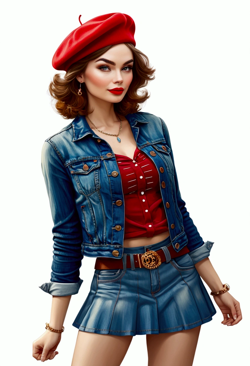 full body , woman , wear a red beret, shirt, denim jacket, skirt, boots,brown hair in bob style, blond hair, white background