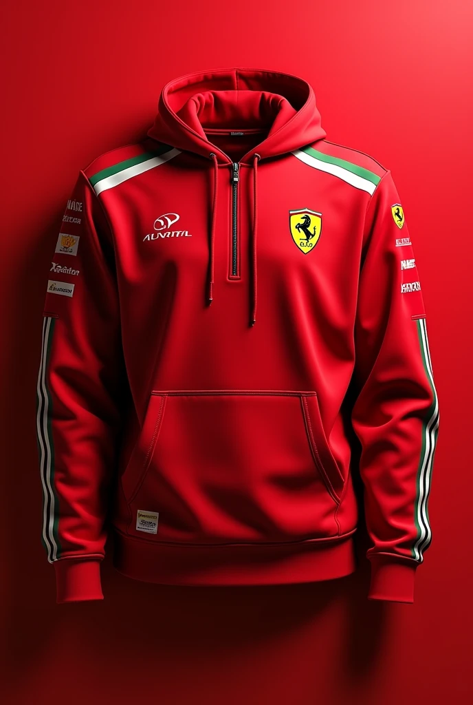 Design a Formula 1 themed sweatshirt with Ferrari&#39;s colors and branding 