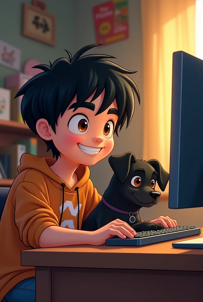 r with black hair and light brown eyes playing PC with his black dog with brown eyes animated Disney style 