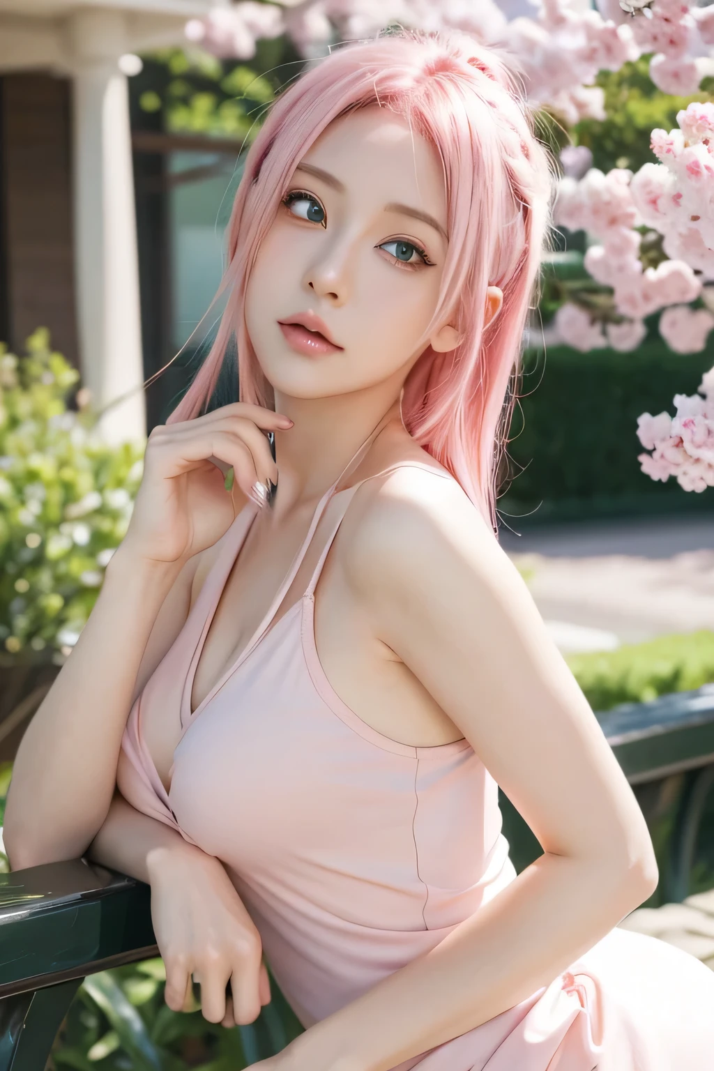 Anime girl with pink hair and green eyes posing for photo, Sakura Haruno, best anime 4k konachan wallpapers, seductive anime girl, I&#39;ll draw a fan too, Sakura petals surround her, splash ink art anime , Anime style 4K, Anime cute art style, High quality anime art style, Detailed anime artwork, Anime wallpapers, Anime Best Girls