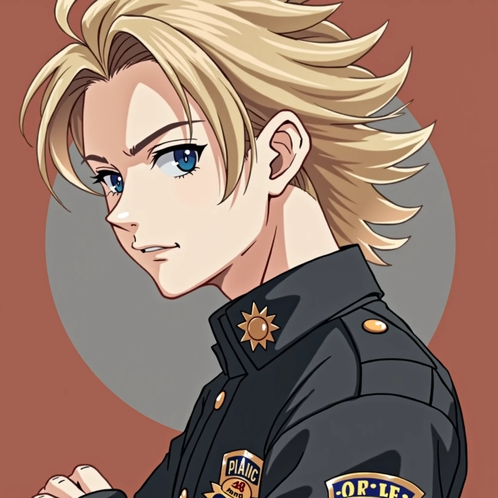 Blond haired blue eyed boy, long hair but shaved from below, wearing a police suit while staring with his arms crossed 