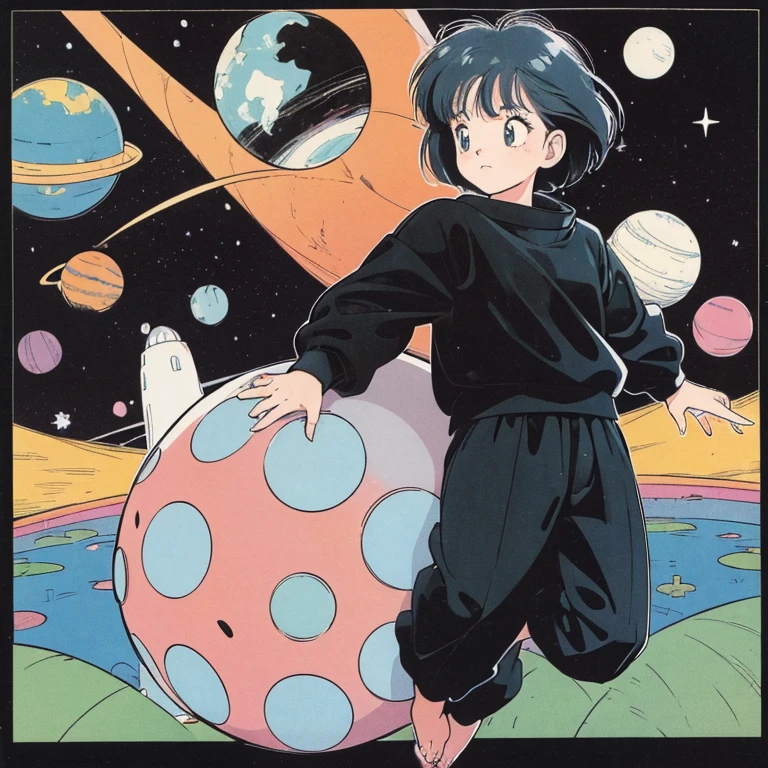 ((a cute girl)),gray hair,medium　short hair,black sweater,full body,flat fill,analogue,1990s,comic,Simple line art,retro anime,many colorful stars,night,space、no gravity,takahashi rumiko,simple、Very cute design、print,Simple Background、Paul Klee、astronomy、Bauhaus