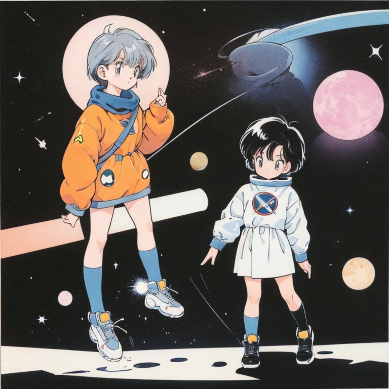 ((a cute girl)),gray hair,medium　short hair,black sweater,full body,flat fill,analogue,1990s,comic,Simple line art,retro anime,many colorful stars,night,space、no gravity,takahashi rumiko,simple、Very cute design、print,Simple Background、Paul Klee、astronomy、Bauhaus