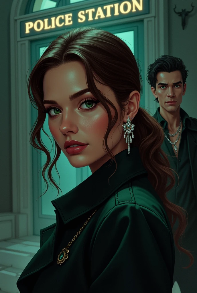 Create a cover for my novel "Bloody Jewels" A brown-haired detective is a detective and is in front of her police station wearing jewelry. The killer they call Joyador is behind her watching the. The black-haired, green-eyed Jeweler.