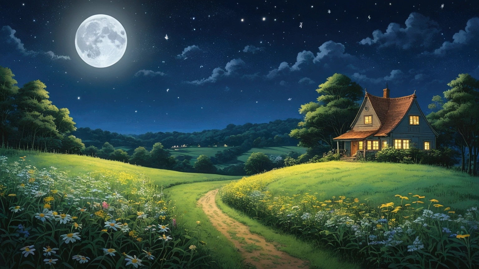 in the farm meadow , ((firefly, wild flower)), night time, bueatiful night, small beautiful full moon、Ghibli style、My Neighbor Totoro Scenery