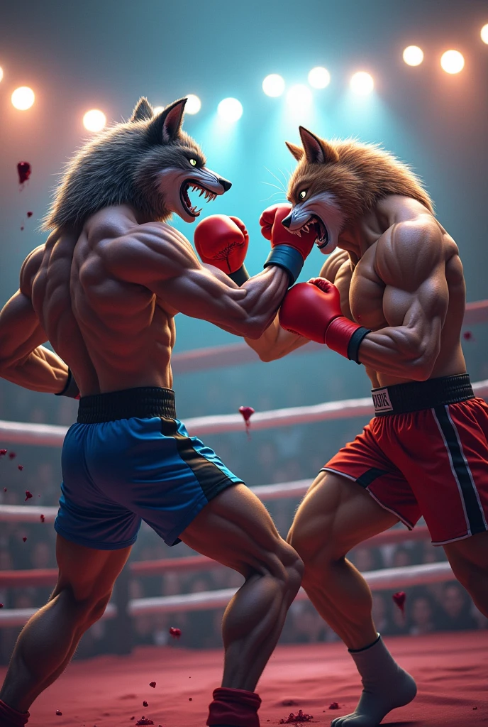A muscular anthropomorphic wolf in a boxing stance delivers a powerful punch to a similarly muscular humanoid with a cat-like face, who is visibly injured and bleeding. Both characters are dressed in athletic shorts, and the scene is set in a boxing ring surrounded by an excited audience. Bright lights and vibrant colors enhance the dramatic atmosphere, highlighting the intensity of the fight.
