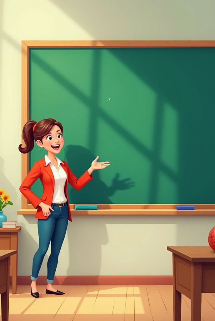 A teacher with gestures explaining something on a blackboard, She should be in a corner and the board should be big and green., must have a cartoonish style. 