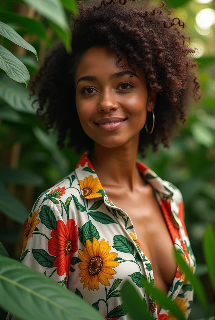 A Brazilian woman in a lush tropical garden, wearing an open shirt with a floral print, with a close-up capturing the harmonious beauty between her breasts and the natural flowers, showing off your natural charm and outgoing personality.