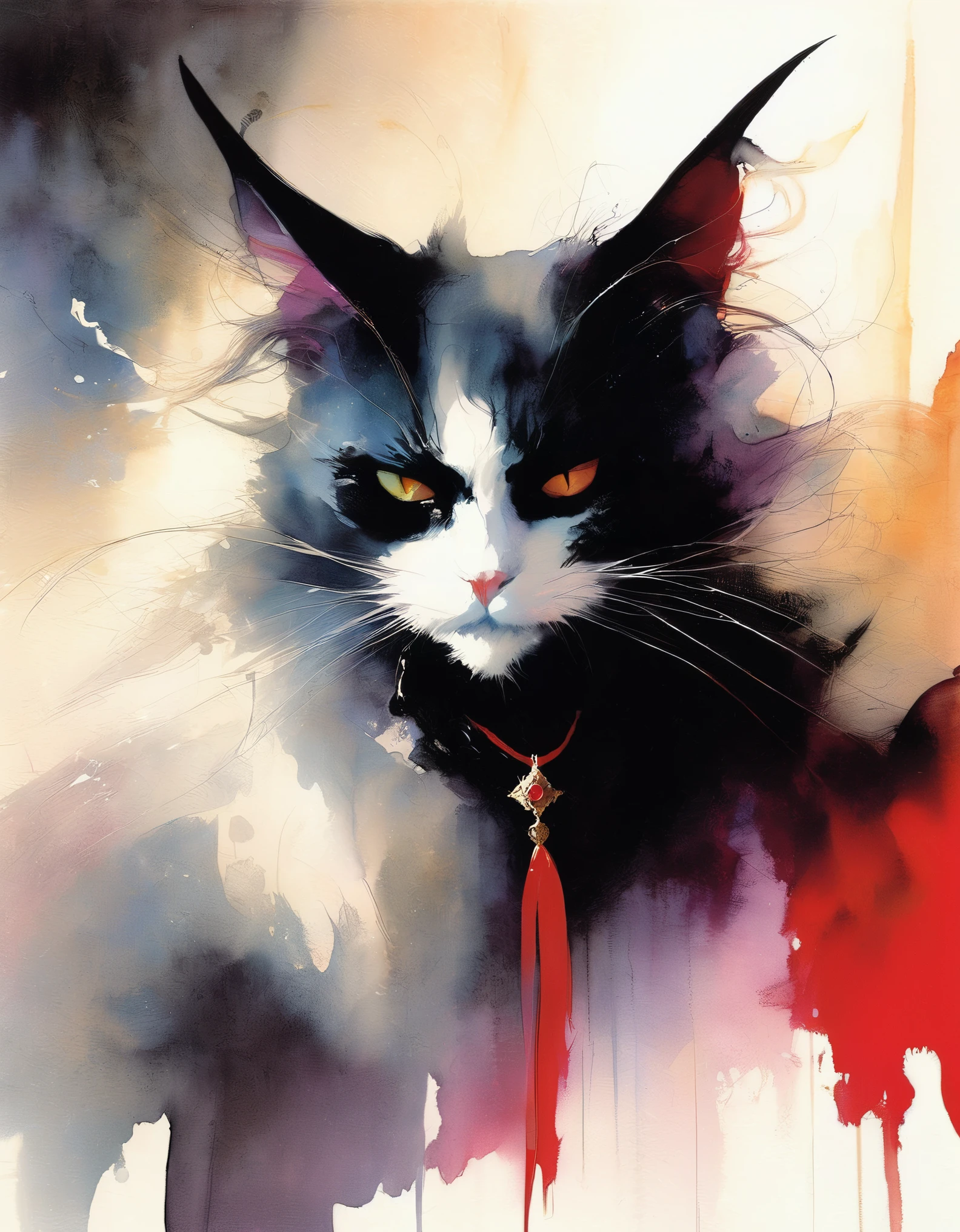 Satan Cat (in style of Anna Razumovskaya,Bill Sienkiewicz's artistic inspiration). painting,(thick texture oil paint:1.5)