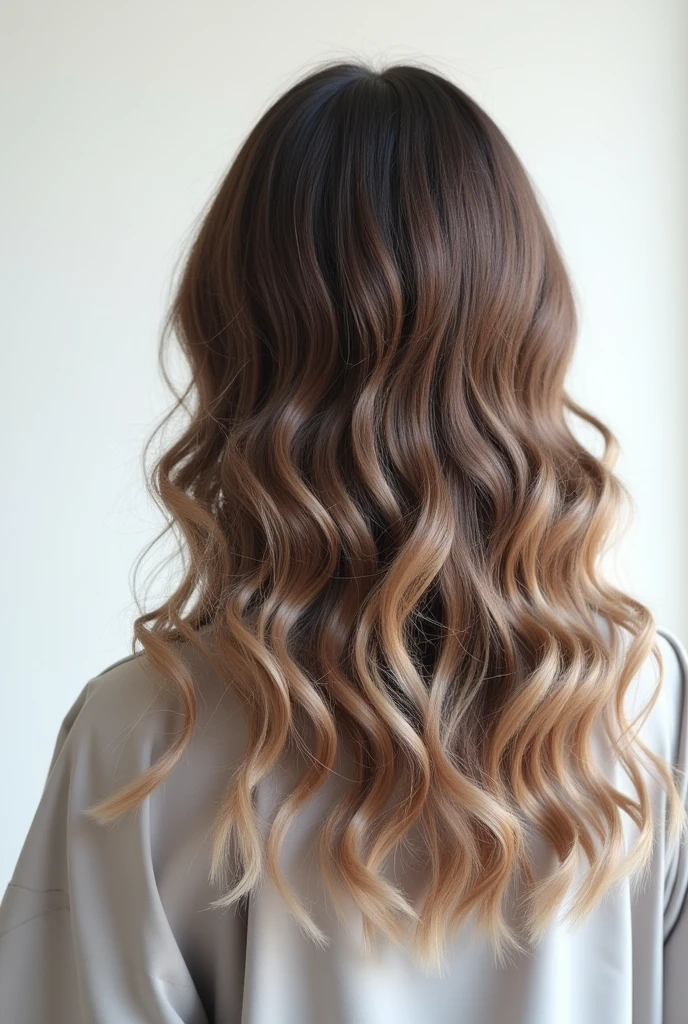 Hairstyle seen from behind、White wall background、Medium Hairstyles、Curly Hair Style、Smooth hair texture、Outward curled hair、Top fluffy hair、Light tips、Hairstyles with movement、Japanese women、White T-shirt、Hair style with tiers、Hairstyles without curls、Gentle curve hairstyle、Diamond Hairstyle