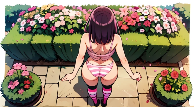 Female 30 years old, purple hair ((yellow Highlights)), large ass,panty ((Black pink striped )), high socks, Hand on ass, garden background, view from above, Show full body 