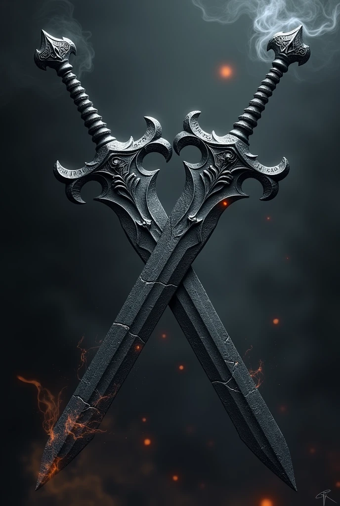 Two swords made of black metal with gargoyle hilts and corrupted blades 