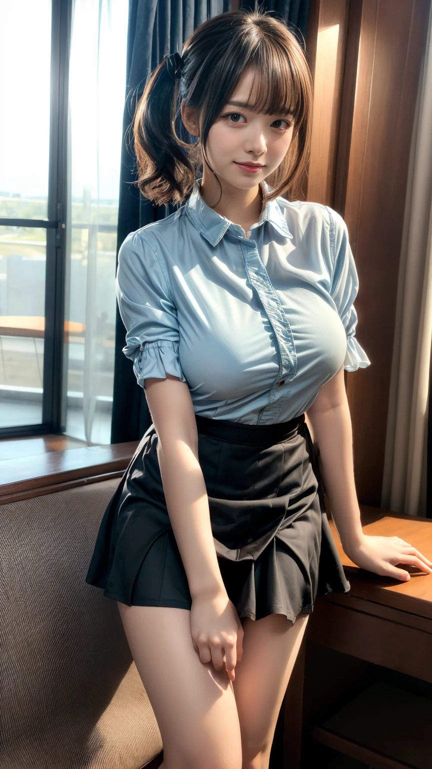 masterpiece, best quality, illustration, Super detailed, fine details, High resolution, 8K,wall paper, perfect dynamic composition,(Details High quality, realistic depiction of eyes:1.3), short hair, (wavy hair:1.2), (Ruffled shirt、)(Checked mini skirt、red、black、), pony tail hair, huge breasts, black hair color, Big Natural Color Lip, bold sexy pose, crying a little、little smile, Harajuku style、20 year old girl、cute type、ta、beautiful legs, hotel room, full body photo、focus on crotch, hposing Gravure Idol, Sexy shot looking at camera, Sunset, by the window, Summer, knee sox, make up, Curve