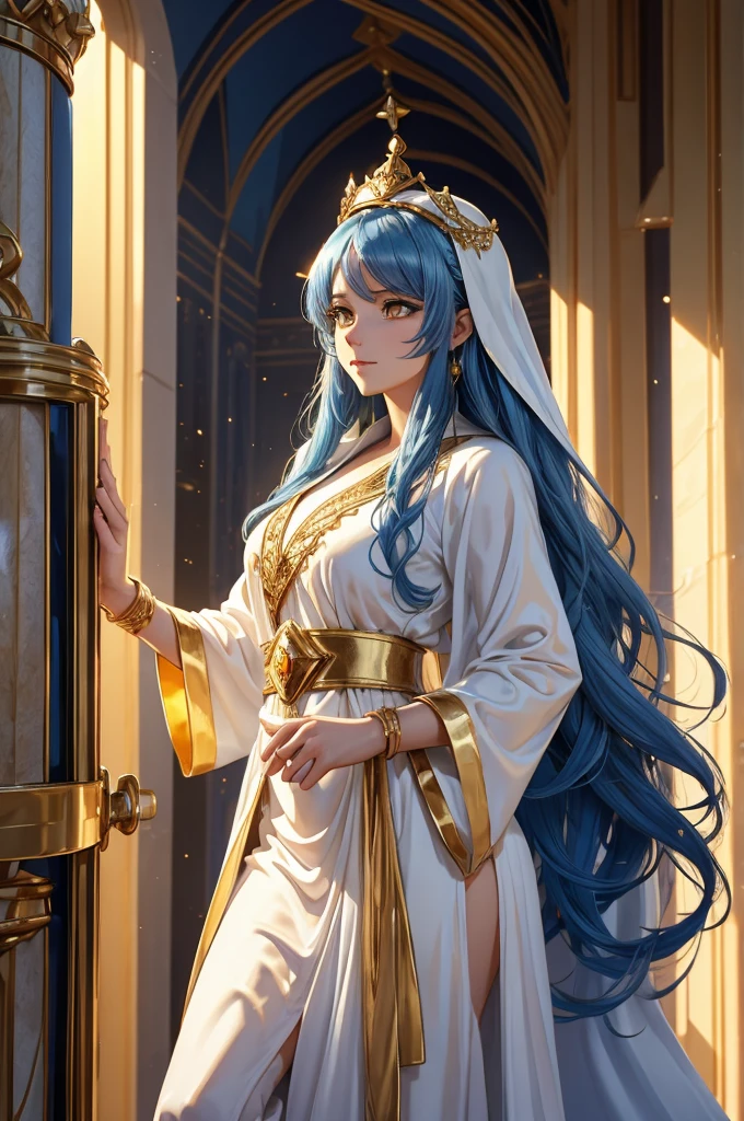 A royal Hebrew woman, derived from the light, brilliant background , Jerusalem inspired, royal attire, princes, crown, aura of protection, alabaster skin, cunning, sandlike, tunic, robe, blue hair, veil, royal hair, white robes, yellow eyes, golden eyes, golden bracers, golden belt, alabaster skin, brilliant white, royal power, long flowing jubba, long flowing silk robes, Mary inspired, Mother Mary, saint royalty, royal hijab