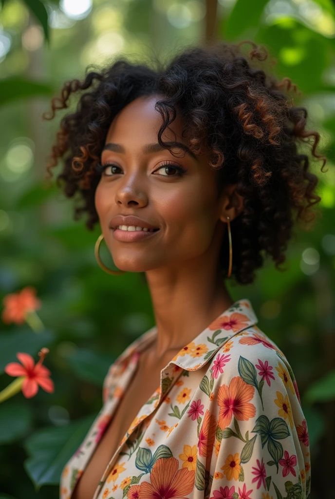 A Brazilian woman in a lush tropical garden, wearing an open shirt with a floral print, with a close-up capturing the harmonious beauty between her breasts and the natural flowers, showing off your natural charm and outgoing personality.