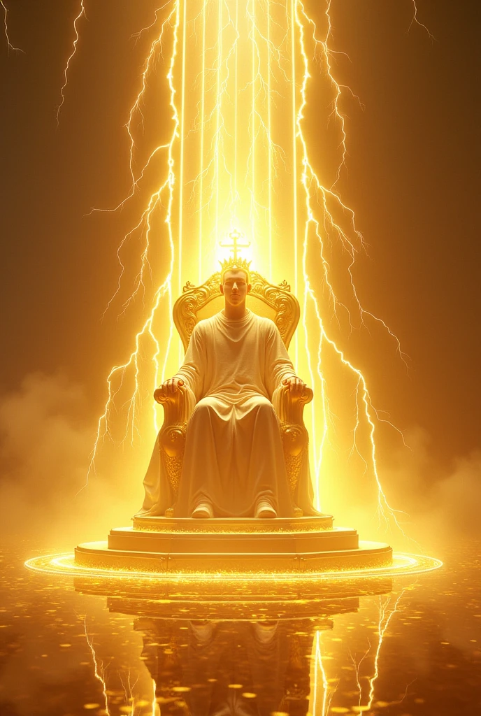 Big golden giant throne with lots of light and white thunder and lightning and sitting a very bright silhouette of a man with a transparent crown with lightning inside his body, with lots of bright light and great power, angels with lots of light around them serving, golden floor like crystal