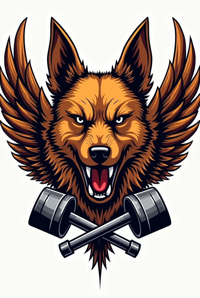coat of arms for a motorcycle club whose mascot is a caramel-colored mongrel dog with its ears pricked up and wide open, with a very angry face, In the coat of arms, the dog only has his face right in the middle, with wings that go up to half the height of his ears and that come out behind him at the line of his eyes and two crossed pistons at the bottom of the coat of arms.