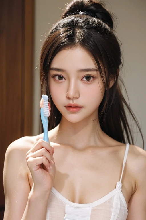 (Holding a toothbrush in hand:1.5),Chew a toothbrush,masterpiece, High resolution, High detail, Retina, Textured skin, Ultra high definition, Bun Hair, (((Small breasts))),Sleepy face,Hair ties, Silk camisole,One person,