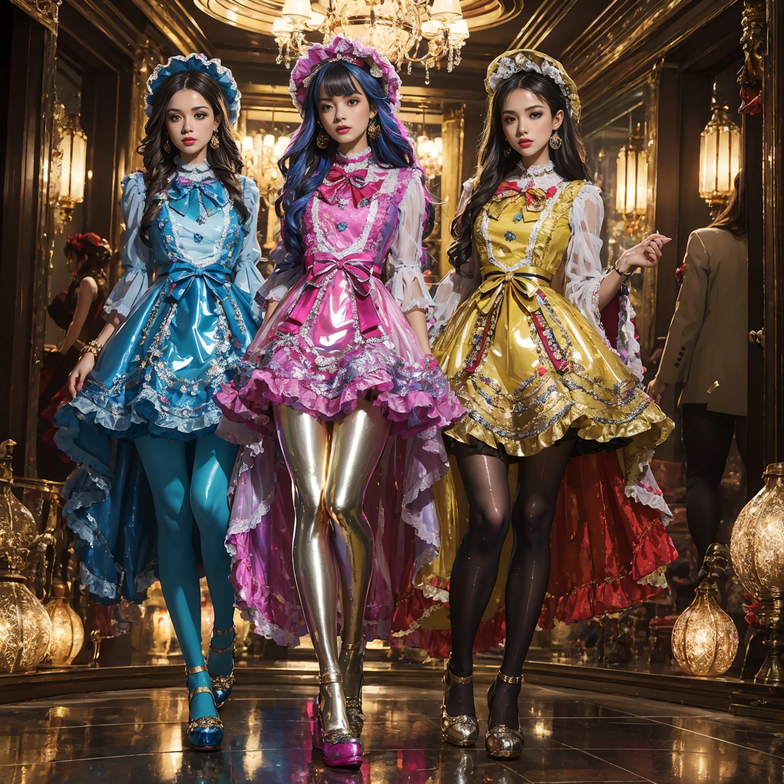 Movie poster composition, Ambilight, Nine-head body, Group photo, ((multicolored))，Three or more girls，Model figure, long-legged woman, A woman in a luxurious and elaborate lolita dress, wearing lolita mary jane shoes with ornate details, patterned tights, (Glossy Reflecting collection), (Glossy Reflecting collection), (Oily shiny)), (Metallic clothes), (Metallic dress), (Metallic tights):1.2)，standing on a snowy mountain, with reflective skin and reflective clothing, venusbody, full body shot, ray tracing, reflection light, chiaroscuro, UHD, masterpiece, anatomically correct, textured skin, super detail, high quality, 4K, highres