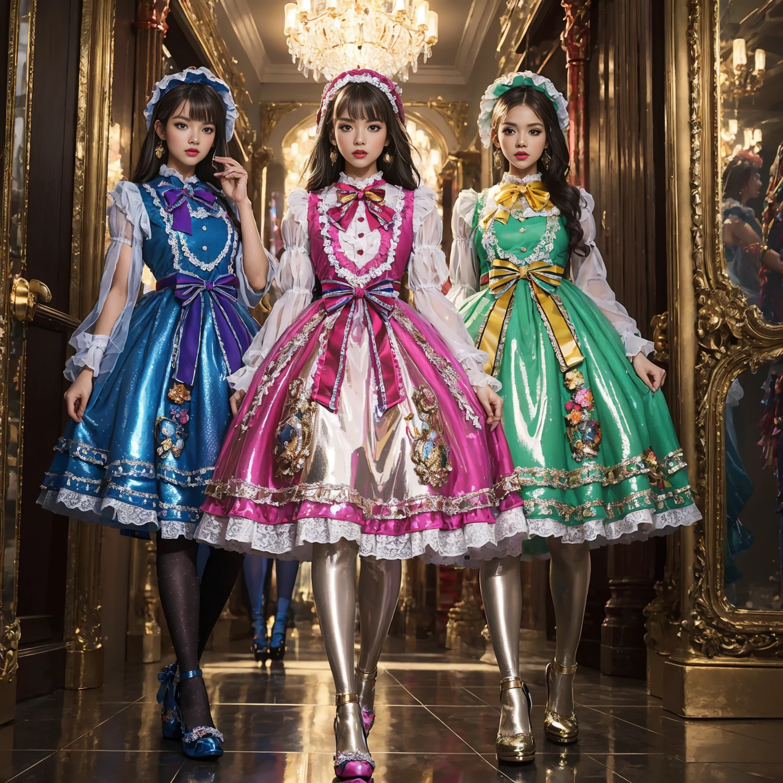 Movie poster composition, Ambilight, Nine-head body, Group photo, ((multicolored))，Three or more girls，Model figure, long-legged woman, A woman in a luxurious and elaborate lolita dress, wearing lolita mary jane shoes with ornate details, patterned tights, (Glossy Reflecting collection), (Glossy Reflecting collection), (Oily shiny)), (Metallic clothes), (Metallic dress), (Metallic tights):1.2)，standing on a snowy mountain, with reflective skin and reflective clothing, venusbody, full body shot, ray tracing, reflection light, chiaroscuro, UHD, masterpiece, anatomically correct, textured skin, super detail, high quality, 4K, highres