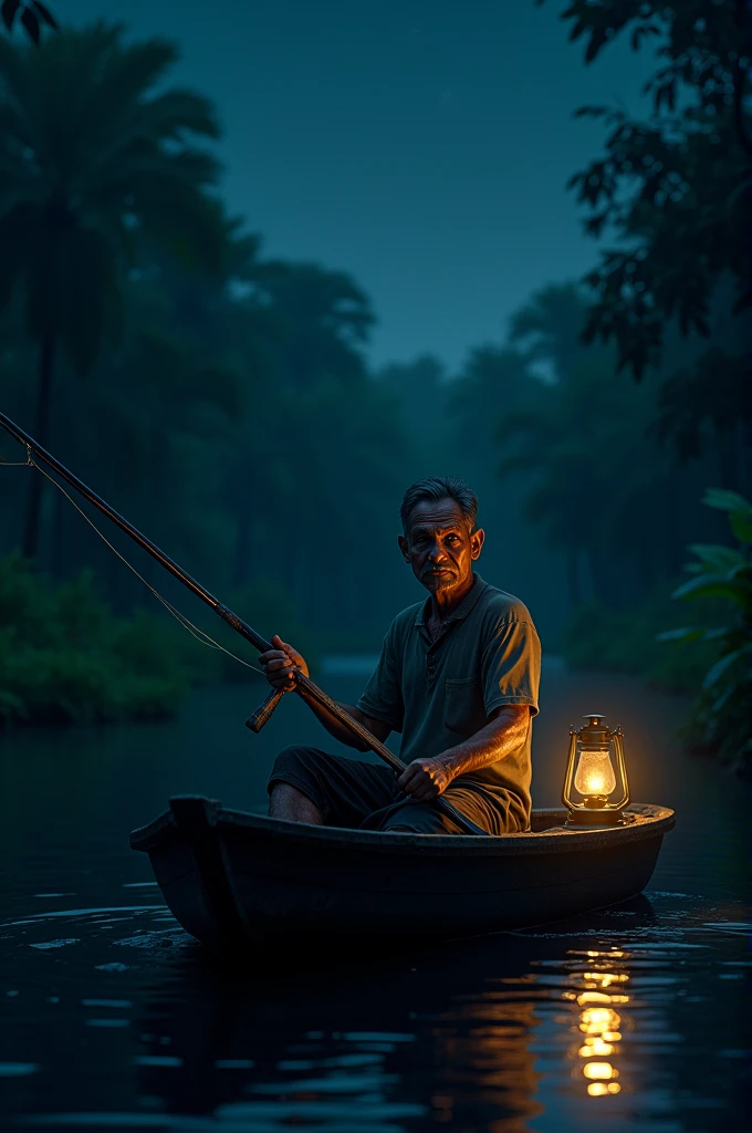 And I see a 40-year-old man sitting in a boat looking forward fishing in a jungle at night