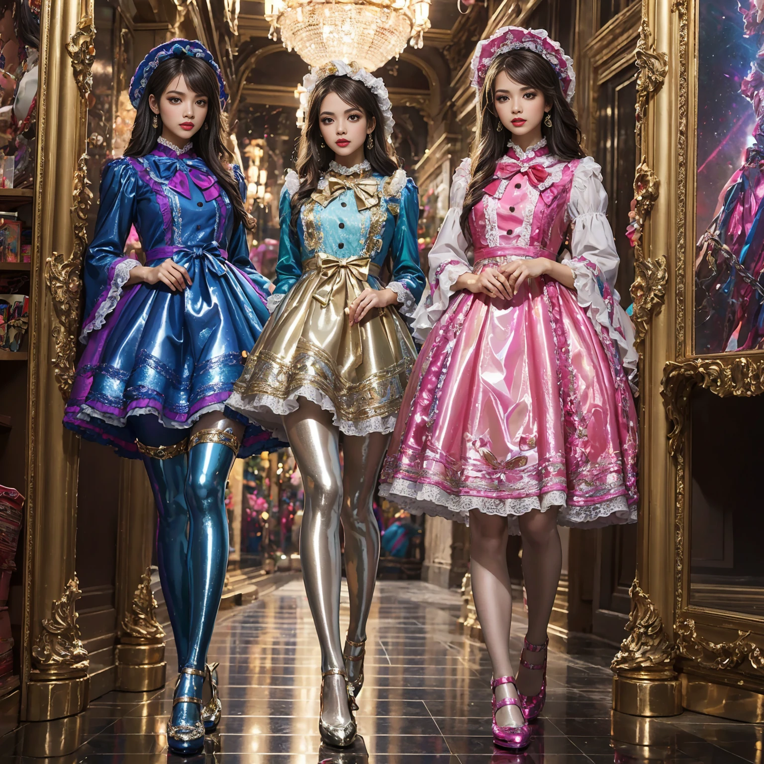 Movie poster composition, Ambilight, Nine-head body, Group photo, ((multicolored))，Three or more girls，Model figure, long-legged woman, A woman in a luxurious and elaborate lolita dress, wearing lolita mary jane shoes with ornate details, patterned tights, (Glossy Reflecting collection), (Glossy Reflecting collection), (Oily shiny)), (Metallic clothes), (Metallic dress), (Metallic tights):1.2)，standing on a snowy mountain, with reflective skin and reflective clothing, venusbody, full body shot, ray tracing, reflection light, chiaroscuro, UHD, masterpiece, anatomically correct, textured skin, super detail, high quality, 4K, highres