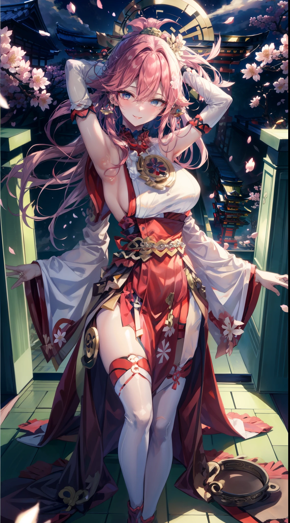 (Masterpiece, Excellent, 1 girl, alone, complicated details, color difference), realism, ((Moderate breath)), off shoulder, big breasts, sexy, Yes, Miko., long pink hair, Red headdress, red highlights, hair above one eye, green eyes, earring, sharp eyes, Perfectly symmetrical shape, choker, Neon coat, open jacket, turtleneck sweater, against the wall, Brick wall, graffiti, The light is dim., alley, looking at the audience, ((mean, charming, charming)), ((Cherry blossom background ))),((Japanese Temple Background)))), (((Glow background in the dark))),DSLR Photos, (8ก, 4K, Masterpiece),(Masterpiece, best quality), best resolution, (3 heads:1.5),Arms separated,arm circle, (Put your hands on your head...), (lower hand on ankle), (lower hand on leg), Full content in the frame, full body view, (four arms),(Multi-arm),(many hands), รูปร่างเพรียวบาง Masterpiece,best quality,best resolution,1 woman,many heads, upper body, smile, Facing the audience,big breasts,simple background,Beautiful face,Beautiful hair,beautiful eyes,beautiful body,Beautiful hands,conjoined twins
