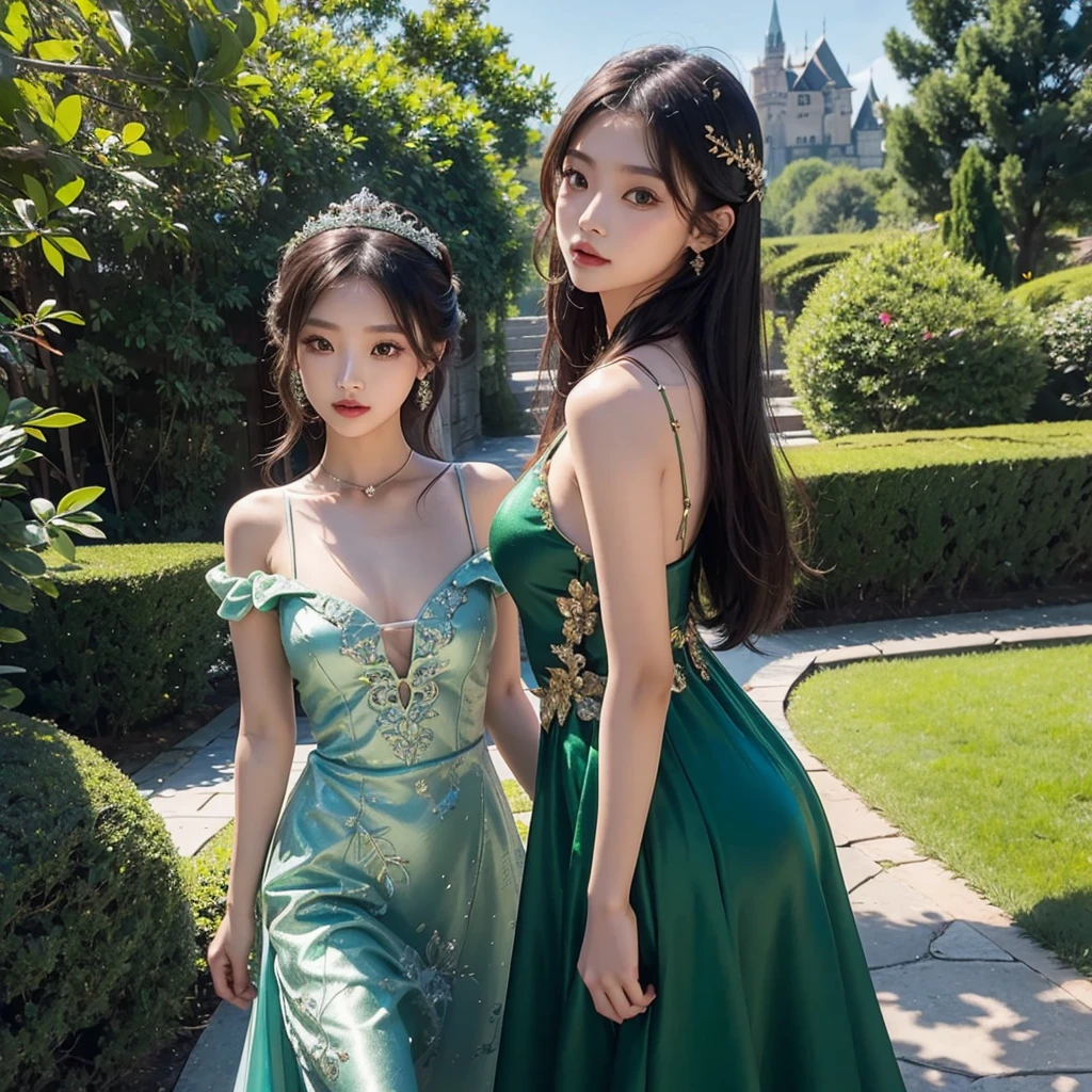 Asian cute girl, in a emerald green princess dress, by in a castle, kim jennie,