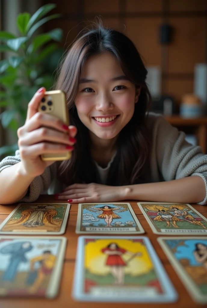 Tarot cards on the table。A fair-skinned young Japanese woman taking a selfie with tarot cards in front of her。smile。Selfie style。